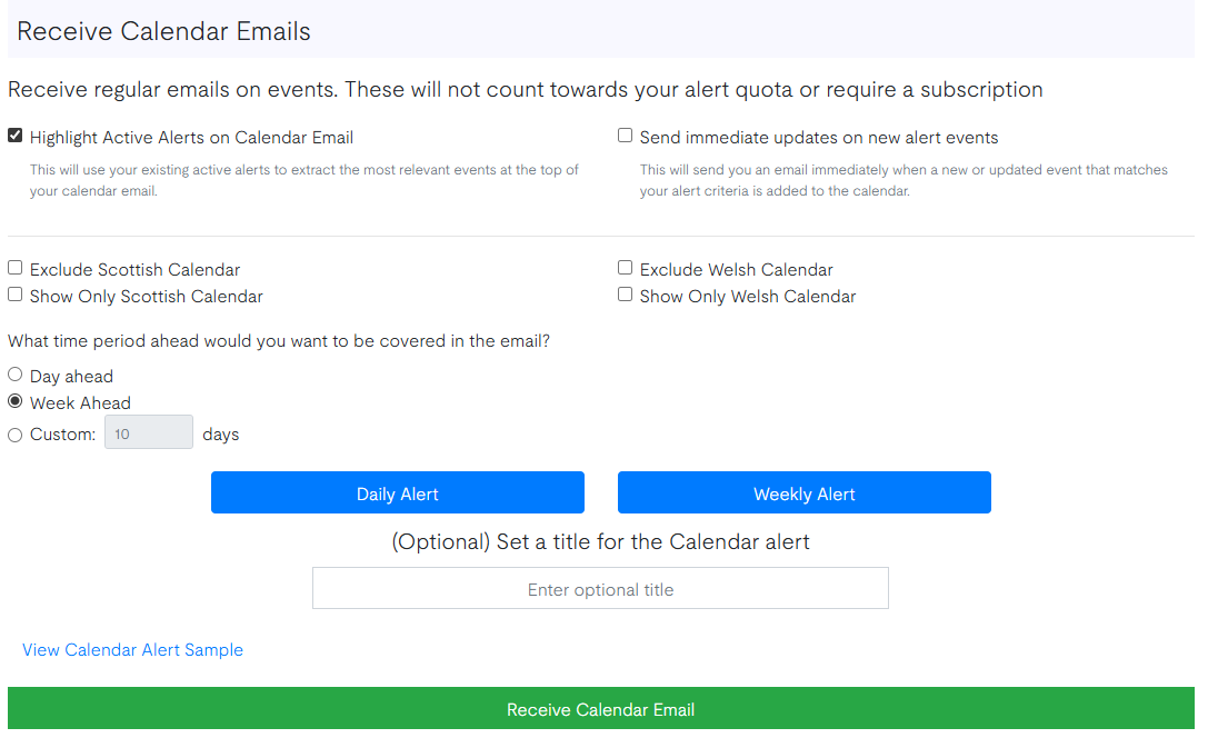 Add Parliamentary Calendar Alert button