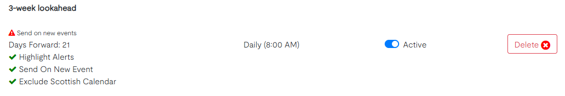 Parliamentary Calendar Alerts list